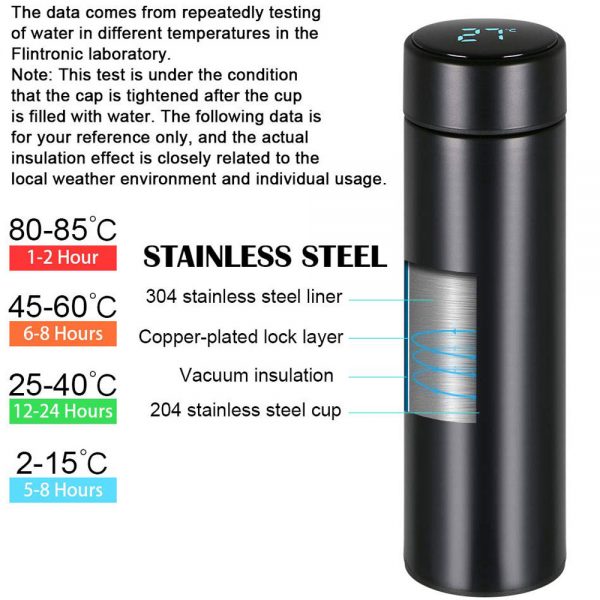 Delly Stainless Steel 500ml Vacuum Bottle for Hot Cold water with Digital LED Temperature White DTB-W